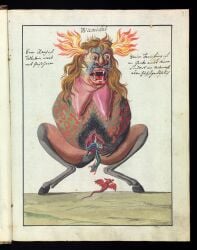18th_century 2_horns 5_fingers absurd_res ambiguous_feral ambiguous_gender ancient_art big_vulva biped birth breasts crouching demon fangs female female_focus female_humanoid feral fingers front_view genitals german_text group hair hairy_vulva hi_res hooves horn humanoid live_birth long_hair markings membrane_(anatomy) membranous_wings nipples open_mouth painting_(artwork) public_domain sagging_breasts solo_focus spots spotted_body spread_vulva spreading teeth text traditional_media_(artwork) traditional_painting_(artwork) traditional_watercolor_(artwork) translation_request unguligrade unknown_artist vulva wamidal watercolor_(artwork) whiskers wings