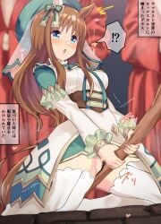 animal_ears aqua_hat bar_censor beret blue_eyes blurry blurry_background blush breasts brown_corset brown_hair censored commentary_request corset crotch_rub dress ear_covers female female_masturbation grass_wonder_(saintly_jade_cleric)_(umamusume) grass_wonder_(umamusume) hat highres holding holding_staff horse_ears horse_girl horse_tail kneeling long_hair long_sleeves mage_staff masturbation medium_breasts multicolored_hair no_panties nose_blush poopy pussy single_ear_cover solo speech_bubble staff streaked_hair tail thighhighs thighs translation_request umamusume white_dress white_streaks white_thighhighs