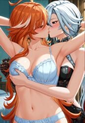 2girls 2women ai_generated arlecchino_(genshin_impact) flirting genshin_impact girl_on_girl lesbian_couple lesbian_domination lesbian_focus lesbian_kiss lesbian_sex lovers mavuika_(genshin_impact) sapphic yuri