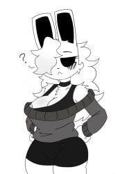 big_breasts black_eyes blank_background cube_459_(geometry_dash) female_only femgram geometry_dash nipple_slip rabbit white_body white_fur