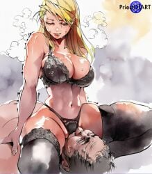 1boy 1girls ai_generated big_breasts blonde_hair bra facesitting female fullmetal_alchemist fullmetal_alchemist_brotherhood long_hair male panties priestofart riza_hawkeye shiny simple_background solo solo_female steaming_body stockings sweat thick_thighs ugly_bastard ugly_man underwear watercolor watercolor_(artwork) watermark wide_hips