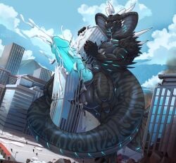 4_toes 5_fingers abs anthro balls biceps big_tail biped black_body bodily_fluids building building_destruction building_penetrated building_sex city city_background city_crushing city_destruction cityscape claws cobra crush cum cumshot daru_brek destruction ejaculation erection extreme_size_difference feet finger_claws fingers genital_fluids genitals glowing glowing_genitalia glowing_penis hi_res horn house kai'nek_(pyronite) landscape_dwarfing long_tail macro macro_anthro macro_male male muscular muscular_anthro muscular_male nude open_mouth orgasm outside paws pecs penetration penile penis rampage reptile scalie size_difference sky snake snake_hood solo stomping tail teeth toe_claws toes tongue tongue_out