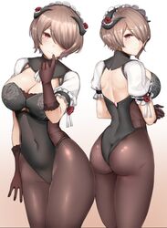 ass barely_visible_pussy big_breasts brown_hair chiyo_goya female_only fully_clothed honkai_impact honkai_impact_3rd looking_at_viewer looking_back maid_outfit red_eyes rita_rossweisse short_hair stockings teasing thick_thighs