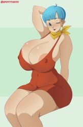 areola_slip areolae arms_behind_head blue_eyes blue_hair bulma bulma_(dragon_ball) bulma_briefs chubby dragon_ball dragon_ball_super dragon_ball_z female_only hi_res large_breasts lipstick nipple_bulge pinup red_dress scarf short_hair solo spottyartslewd tight_clothing uncensored voluptuous