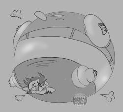 air_inflation bigbadmonstah blush body_inflation clothing floating goblin goblin_male inflation inflation_fetish oc puffy_cheeks ripped_clothing ripped_pants sweat tail