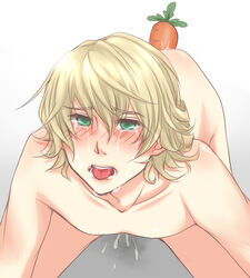 1boy all_fours anal barnaby_brooks_jr blonde_hair blush carrot carrot_in_ass cum green_eyes male male_only solo tear tiger_&_bunny tongue