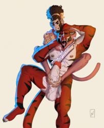 abs anthro areola balls biceps big_penis bodily_fluids chokehold cum cum_on_face cum_on_self cum_string cumshot digital_media_(artwork) duo ear_piercing ejaculation erection eyebrow_piercing facial_piercing feet felid fingers foot_fetish foot_play footjob fur genital_fluids genitals hair haplorhine headlock hi_res humanoid_genitalia humanoid_penis male male/male mammal monkey muscular muscular_anthro muscular_male nevets nipple_piercing nipples nude open_mouth orgasm orgasm_face pantherine pecs penile penis piercing primate sex simple_background size_difference small_dom_big_sub smile spread_legs spreading tail tiger toes two-footed_footjob vein veiny_penis wrestling