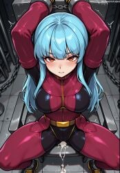 after_sex ai_generated ankle_cuffs arms_up belt black_bodysuit blue_hair blush bodysuit bondage bound bound_ankles bound_wrists bowlegged_pose breasts capcom chains chair closed_mouth clothing cuffs cum cum_in_pussy cumdrip female from_above gloves jousneystudio king_of_fighters_xv kof kula_diamond large_breasts latex_bodysuit long_hair looking_at_viewer medium_breasts red_bodysuit red_eyes restrained shackles sidelocks sitting skin_tight snk solo spread_legs the_king_of_fighters trembling