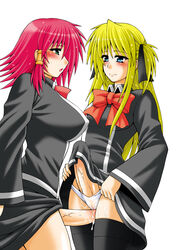 2girls artist_request blonde_hair blue_eyes blush breasts cum erection frottage futa_with_futa futanari green_eyes intersex large_breasts long_hair multiple_girls open_mouth panties penis pink_hair quiz_magic_academy ribbon ruquia shalon short_hair simple_background source_request thighhighs underwear