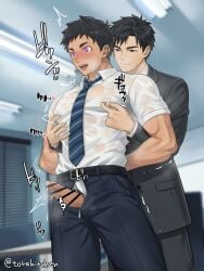 2boys aroused artist_name biceps big_penis black_hair blurry_background blush ceiling ceiling_light censor_bar censored censored_penis duo ebitendon erection foreskin foreskin_folds frenulum fully_clothed gay grabbing_from_behind hands_behind_head hi_res hypnosis hypnotic_eyes indoors male male/male male_only mature_male muscles muscular muscular_arms muscular_male musk musk_clouds necktie nipple_play office original original_character penis penis_out pinching_nipples pink_eyes pointless_censoring precum precum_drip retracted_foreskin see-through short_hair smile standing steam steaming_body suit sweat sweatdrop swirly_eyes thick_penis tongue_out torakitchen torakitchen_(ebitendon) translucent_clothing uncircumcised uncut unzipped wet wet_clothes white_shirt yaoi zipper_down zipper_pull_tab