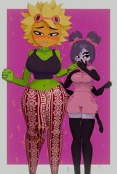 3d comic crossover electronic_arts futanari goggles goggles_on_head green_body green_skin muffet non-human plant_girl plantie plants_vs_zombies plants_vs_zombies:_heroes popcap popcap_games shadow2405 solar_flare_(pvz) sunflower text_on_shirt undertale undertale_(series)
