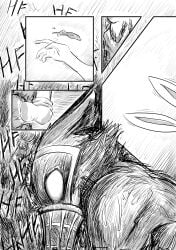 absurd_res anthro beastars bodily_fluids breasts breath canid canine canis clothing comic condom dragonweirdo duo feet female filled_condom footwear hand_on_torso haru_(beastars) hi_res lagomorph legoshi_(beastars) leporid male male/female mammal muzzle_(object) muzzled nipples notched_ear on_ground panting rabbit sex sexual_barrier_device socks sweat wolf