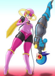 1boy 1girls arms_behind_back arms_tied arms_tied_behind_back artist_request ass blonde_hair blue_eyes blue_hair bodysuit bondage boots capcom evil_empress_roll eyeless_male femboy femboysub femdom gloves hanging_upside_down helmet high_heels legs_tied legs_tied_together legs_together leotard malesub mega_man mega_man_battle_network megaman.exe netnavi open_mouth roll.exe rope rope_bondage rope_in_ass thigh_squish thighhighs whip