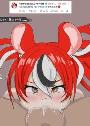 1boy 69 69_position balls balls_deep blowjob blowjob_face blue_eyes cheek_bulge cowgirl_position crying_with_eyes_open cum_drip cum_in_mouth deepthroat dick face_fucking fellatio female girl girl_on_boy hakos_baelz hololive hololive_english hololive_english_-council- naked naked_female naked_male red_hair skinny