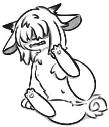 2026 absurd_res anthro atlyss blush breasts castafae chest_tuft curled_tail digital_media_(artwork) female floppy_ears genitals hair hair_over_eyes hi_res horn lying mammal midriff monochrome nude nude_female on_side open_mouth pawpads poon_(atlyss) simple_background small_breasts solo spread_legs spreading tail tuft vulva