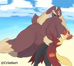 beach big_ass big_breasts breast_grab breasts_bigger_than_head crin0art delphox lopunny nintendo pokemon pokemon_(species) size_difference sucking_nipples thick_thighs vagina yuri