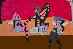 3girls 4_arms afro_puffs antennae_(anatomy) anthro anus big_breasts black_eyes blue_eyeshadow boots breast_size_difference brown_hair butterfly_wings chompy_nsfw crossed_legs dark-skinned_female detailed_background disney disney_channel female/female/female female_only freckles_on_ass freckles_on_breasts freckles_on_face freckles_on_thighs furry green_eyeshadow hand_behind_head hand_on_own_hip hand_on_own_leg height_difference insect_girl insect_wings interspecies lingerie_only looking_at_viewer maggie_(the_buzz_on_maggie) maggie_pesky maria_(the_buzz_on_maggie) maria_monarch maria_the_monarch medium_breasts monarch_butterfly multi_arm non-mammal_breasts on_knees perky_breasts pink_eyeshadow presenting_hindquarters punk_girl pussy rayna_(the_buzz_on_maggie) rayna_cartflight seductive_look seductive_pose seductive_smile sexy_pose shorter_female shortstack sitting_on_floor size_difference spreading_own_ass stage stage_curtains taller_female teasing the_buzz_on_maggie thick_ass thick_thighs thighhighs traditional_media_(artwork) wide_hips