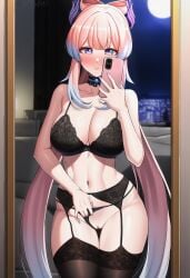 ai_generated bedroom black_bra black_panties black_thighhighs blush bow choker cleavage female garter_straps genshin_impact gradient_hair hair_ornament holding_phone horns indoors lace_trim long_hair ltgwhtl mirror moon multicolored_hair navel night pink_hair pulling_panties_down purple_eyes pussy sangonomiya_kokomi selfie smartphone solo window