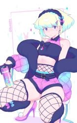 1boy 2d androgynous art bob_cut can color crossdressing embarrassed energy_drink femboy femboy_only fishnet_stockings fishnets full_color heels high_heels lio_fotia looking_at_viewer male male_only minishorts oyasaiiis promare purple_eyes short_hair short_shorts shorts solo squatting stockings thick_thighs thighs trap