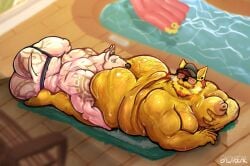 2boys anthro ass baconbearart beefschaef_(character) big_butt breasts canid canine canis cigarette complex_background don_doggo_(character) duo face_in_ass gold_body hairy_ass hand_on_ass hat holding_breast male male_only nipples no_thong outside pool poolside rubber_duck smoking sweat sweaty tagme thong underwear underwear_only white_body