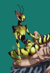absurd_res anal anal_sex anthro arthropod black_eyes duo exoskeleton female green_background heart_symbol hi_res human hymenopteran insects long_tongue male male/female mammal multicolored_body on_bottom on_top penetration reverse_cowgirl_position sex simple_background small_waist sun_bug tongue tongue_out wasp wasp_girl_(sun_bug) wasp_waist yellow_body