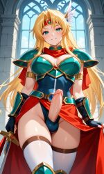 ai ai_generated armor armored_female big_penis blonde_hair blue_eyes futanari jewel_on_forehead original_character pointy_breasts sword