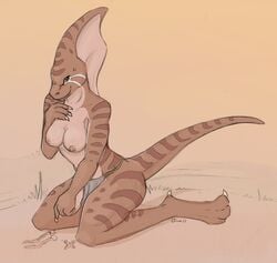 2011 anthro breasts dinosaur female loincloth looking_at_viewer olivia_(artist) parasaurolophus scalie solo tail topless underwear