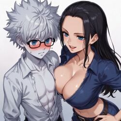 1boy 1boy1girl adult_and_teenager age_difference aged_up ai_generated black_hair blue_eyes blush crossover crossover_pairing female glasses hunter_x_hunter killua_zoldyck male male/female mature_female mature_woman milf nico_robin older_female_and_younger_male one_piece pale-skinned_male seduction sexual_tension straight teacher_and_student teenager voluptuous white_hair