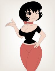 artvi black_crop_top black_hair bob_cut cameltoe cleavage confident crop_top curvy female hand_on_hip highres huge_breasts jucika jucika_(comic) large_breasts looking_at_viewer midriff navel neck_bow off_shoulder one_eye_closed plump red_bow red_pants red_scarf short_hair simple_background smile solo standing tagme thick_thighs tight_clothing tight_pants underboob wide_hips winking