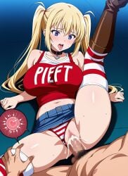 1boy ai_generated akizuki_airi bare_shoulders blonde_hair blue_eyes blue_skirt blush boots breasts brown_footwear choker clothed_female_nude_male clothed_sex clothes_lift clothes_writing clothing clothing_aside collar collarbone crop_top cross_section cum cum_in_pussy cum_overflow denim denim_skirt female fertilization heart-shaped_pupils impregnation knee_boots large_breasts legwear long_hair lying male male_pubic_hair midriff miniskirt missionary mosaic_censoring nakadashi navel nude oni_chichi open_mouth ovum panties panties_aside pantsu penis pubic_hair pussy red_panties red_tank_top semen sex skirt skirt_lift solo_focus sperm_cell spread_legs straight striped_clothes striped_panties striped_thighhighs sweat symbol-shaped_pupils tank_top testicles thighhighs thighs tongue tongue_out twintails underwear vaginal_penetration white_thighhighs