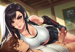 1boy1girl abs ai_generated artifactglitch big_breasts big_penis black_hair blush breasts_squeezed_together earrings erection final_fantasy final_fantasy_vii final_fantasy_vii_remake gloves hand_on_penis handjob legs_together lipstick long_hair looking_at_viewer makeup nipples nipples_visible_through_clothing on_top_of_another penis precum red_eyes skirt smiling square_enix straight_hair straps sucking_nipples thick_thighs tifa_lockhart veiny_penis watermark