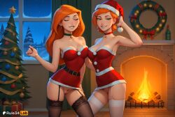 2girls ai_generated artist_name bare_shoulders bell belt ben_10 ben_10_(classic) black_thighhighs box breasts cartoon_network choker christmas christmas_tree cleavage closed_eyes collarbone crossover disney disney_channel dress earrings fire fireplace fur-trimmed_dress fur_trim garter_straps gift green_eyes grin gwen_tennyson gwen_tennyson_(classic) hat hi_res indoors jewelry kim_possible kimberly_ann_possible large_breasts long_hair looking_at_viewer medium_breasts multiple_girls neck_bell night no_panties orange_hair pussy red_choker red_dress red_hair red_headwear rule34lab santa_costume santa_dress santa_hat short_dress short_hair smile strapless strapless_dress thighhighs uncensored warner_bros warner_brothers white_thighhighs window younger_female