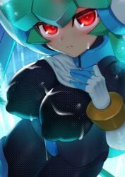 absurdres armor black_bodysuit bodysuit breasts clothes_lift commentary covered_nipples cowboy_shot crotch_plate cum cum_on_body cum_on_breasts d.chikusou facial female green_hair halftone helmet highres huge_breasts mega_man mega_man_zx model_w_(mega_man) pandora_(mega_man) red_eyes shirt_lift solo white_armor white_helmet