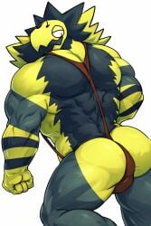 1boy ai_assisted ai_generated anthro anthro_on_anthro ass ass_focus ass_pose bara bee brown_mankini brown_thong bubble_ass bubble_butt buff butt_focus gay humbug_(my_singing_monsters) looking_at_ass looking_at_butt male male_only mankini mankini_ass_view my_singing_buff_or_bara_monsters my_singing_monsters posing sexy smiling thong traced traced_art