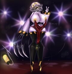 big_breasts female female_only glitch_productions glitter_dress juicy_thighs meisen_xp murder_drone murder_drones nipple_piercing nipple_ring_dress nipples red_dress serial_designation_v v_(murder_drones)