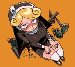 big_breasts birds_eye_view black_dress black_high_heels black_nails blonde_hair blue_eyes boob_bulge christian_cross christianity cleavage color color_background curly_hair curly_hair_female dot_eyes ennuikalart glistening glistening_skin light-skinned_female light_skin long_eyelashes meranda_esquire_(ennuikal) nun nun_hat nun_outfit nuns_a_blazing oc original original_character poker_cards posing short_skirt simple_background simple_coloring simple_eyes simple_face simple_shading sitting slim_waist thick_thighs thighhighs white_legwear yellow_background yellow_hair