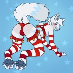 2025 all_fours anthro arctic_fox armwear ass black_nose blue_claws blue_eyes blue_markings blush bulge bulge_from_behind canid canine claws clothing colored digital_drawing_(artwork) digital_media_(artwork) flat_colors fox fur grey_markings grey_pawpads harness head_tuft hi_res konejo legwear looking_back male mammal markings panties pattern_armwear pattern_clothing pattern_legwear pattern_stockings pawpads paws raised_tail rear_view red_clothing red_panties red_underwear simple_background skinny_male solo stockings striped_armwear striped_clothing striped_legwear striped_stockings stripes tail true_fox tuft underwear white_body white_fur