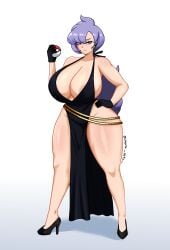 absurdres anabel_(pokemon) areola_slip bare_shoulders breasts cleavage curvy dress earpiece female female_focus full_body gloves hand_on_own_hip high_heels highres huge_breasts long_hair looking_at_viewer matching_hair/eyes nintendo no_bra poke_ball pokemon pokemon_sm purple_eyes purple_hair solo thick_thighs thighs umbra_arts wide_hips
