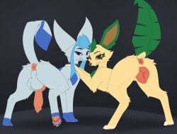 absurd_res animal_genitalia animal_penis anus ass balls canine_genitalia canine_penis digital_media_(artwork) duo eeveelution erection female feral generation_4_pokemon genitals glaceon hi_res leafeon looking_at_viewer looking_back male nintendo pawpads penis pokemon pokemon_(species) presenting presenting_anus presenting_balls presenting_penis presenting_vulva raised_tail redeye simple_background tail vulva