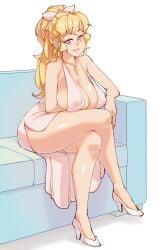 1girls 2026 aged_up aqua_eyes big_breasts blonde_hair blush cleavage cross_necklace crossed_legs dress earrings female female_only grin hair_ribbon half-closed_eyes hand_under_breasts high_heels highres huge_breasts katawa_shoujo large_breasts leg light-skinned_female light_skin long_hair long_legs looking_at_viewer married_female mature_female milf narrowed_eyes nipple_bulge nipples nipples_visible_through_clothing ponytail resting_arm revealing_clothes ring rtil satou_lilly sitting sitting_on_sofa smile smirk sofa solo stud_earrings thick_thighs thighs tied_hair wedding_dress white_background white_dress white_high_heels