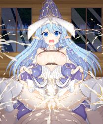 1boy bare_shoulders blue_dress blue_hair blue_hat blue_sleeves braid breasts bukkake chagama_(tyagama0927) commentary_request cowgirl_position cum cum_on_body cum_on_hair detached_sleeves dress duel_monster ejaculation elf female hat highres holding_another's_leg indoors long_hair long_sleeves medium_breasts multicolored_dress night nipples open_mouth pointy_ears pov sex spread_legs straddling thighhighs vaginal_penetration water_enchantress_of_the_temple white_dress white_thighhighs window witch_hat yu-gi-oh!