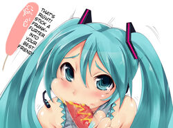 blue_eyes blue_hair blush cheek_bulge cheek_poke fellatio hard_translated hatsune_miku headset hot_dog imazon ketchup motion_blur mustard oral penis penis_hot_dog pov sexually_suggestive tear text tied_hair translated twintails vocaloid