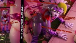 3d_(artwork) absurd_res anal animatronic anthro ass blender_(artwork) bottomless breasts clothed clothing comic dialogue digital_media_(artwork) duo female female/female five_nights_at_freddy's five_nights_at_freddy's:_security_breach glamrock_chica hand_on_hip hi_res high-angle_view leaning_on_table looking_back machine masturbating_while_rimming masturbation oral rear_view rimming robot roxanne_wolf scottgames sex steel_wool_studios teknotyk