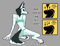 4_toes android anthro bottomwear bra canid canine canis clothed clothing dialogue domestic_dog feet female green_bra green_clothing green_underwear hieronymusjohnson how-to husky looking_at_viewer looking_back looking_back_at_viewer machine mammal nordic_sled_dog panties pattern_bottomwear pattern_clothing pattern_panties pattern_underwear paws rear_view requesting robot solo spitz striped_bottomwear striped_clothing striped_panties striped_underwear stripes tail toes underwear underwear_only