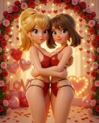 2girls ai_generated bare_shoulders bikini blonde_hair blue_eyes brown_hair brunette_hair crossover female female_focus female_only heart_balloon hugging lesbian_couple light_skin looking_at_viewer mario_(series) may_(pokemon) petals pokemon princess_peach roses swimsuit tight_clothing yuri