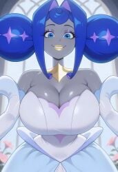 ai_generated big_breasts blue_eyes blue_hair breasts dress dressed grey_skin gwen_(knights_of_guinevere) knights_of_guinevere looking_at_viewer princess_guinevere smile smiling smiling_at_viewer