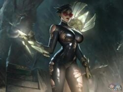 1girls ai ai_assisted black_bodysuit bodysuit clothed dizelxl edit edited edited_official_artwork female female_only league_of_legends partially_clothed sentinel_vayne short_hair solo the_ruined_king_saga torn_clothes torn_clothing vayne voluptuous voluptuous_female waifu