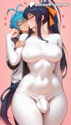 1boy 1futa 2026 ai_assisted ai_generated akeno_himejima anime antenna_hair artist_name big_breasts blue_hair blush breasts bulge bust busty closed_eyes couple duo explicit futa_only futanari hi_res high_quality high_resolution high_school_dxd highres himejima_akeno kissing large_breasts light-skinned_futa long_hair multiple_penises patreon patreon_username penis pink_background ponytail ribbed_dress ribbed_sweater solo stable_diffusion sweater sweater_dress tsukoneko turtleneck_sweater watermark white_sweater