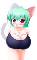 1girls :3 animal_ears cat_ears dejiko di_gi_charat english_text fake_animal_ears fake_tail gasoline90candy green_hair heart highres parted_bangs pink_eyes school_swimsuit short_hair swimsuit tail text tongue tongue_out white_ears white_tail writing writing_on_body writing_on_breasts writing_on_face wrong_eye_color