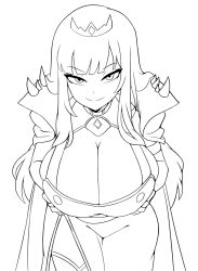 1girls breasts crown dress hololive hololive_english huge_breasts iggy-bomb jewel jewelry leaning_forward line_art long_hair looking_at_viewer mori_calliope presenting_breasts side_slit sidelocks smirk spikes thigh_highs thighs virtual_youtuber wide_hips